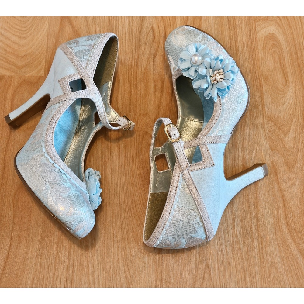 Ruby Shoo Yasmin Mary Jane Heels Womens 38 Blue Floral Brocade Flower Pearl